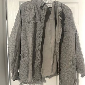 KanCan Collection Light Grey Leopard Distressed Boyfriend Denim Jacket Medium